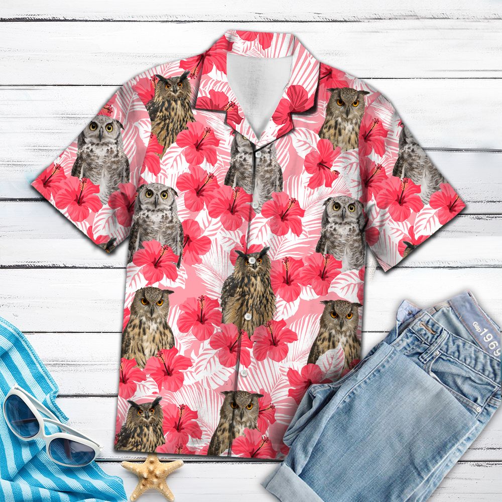 Tropical Flowers Hibiscus Owl H97040 - Hawaii Shirt