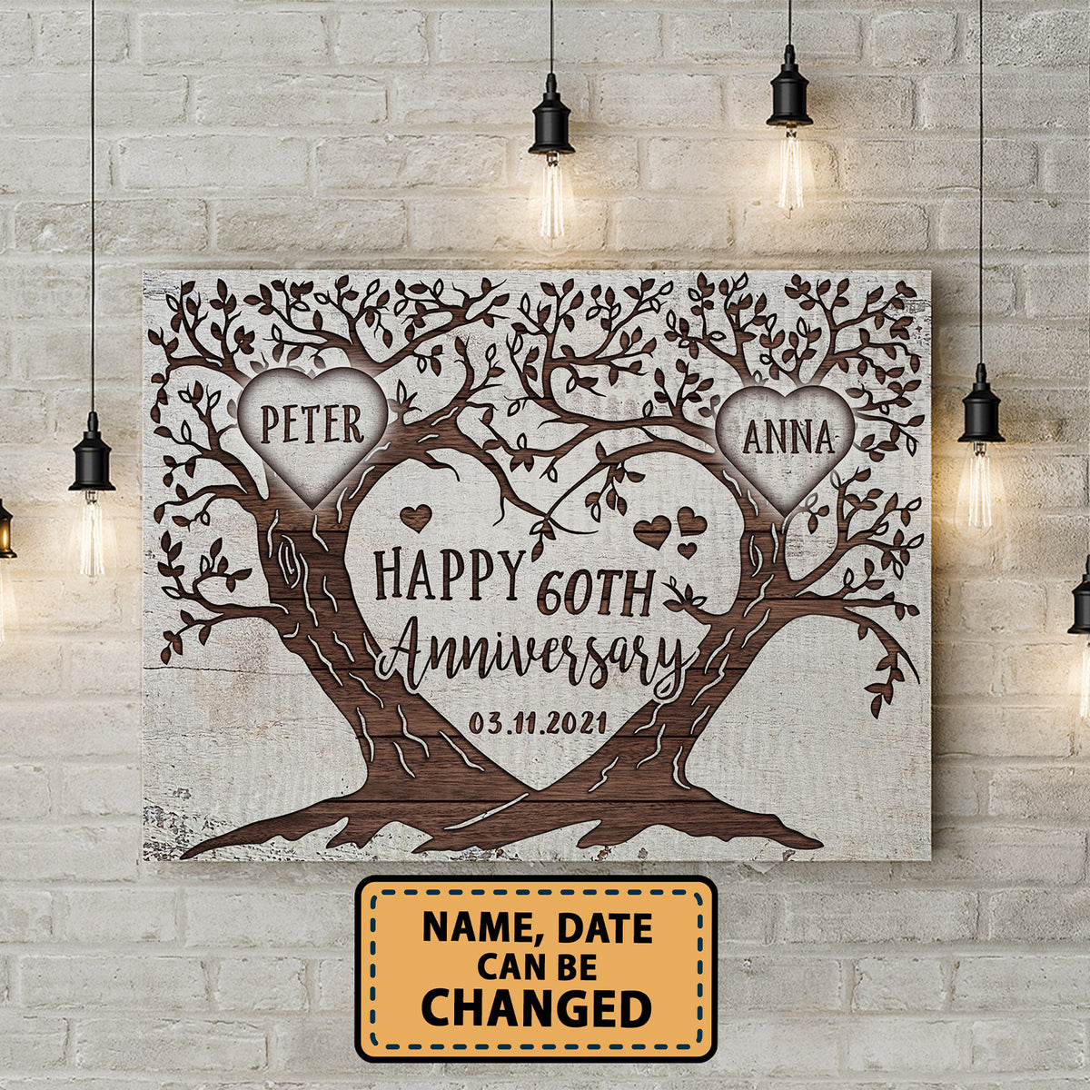 Happy 60th Anniversary Tree Heart Anniversary Personalized Canvas