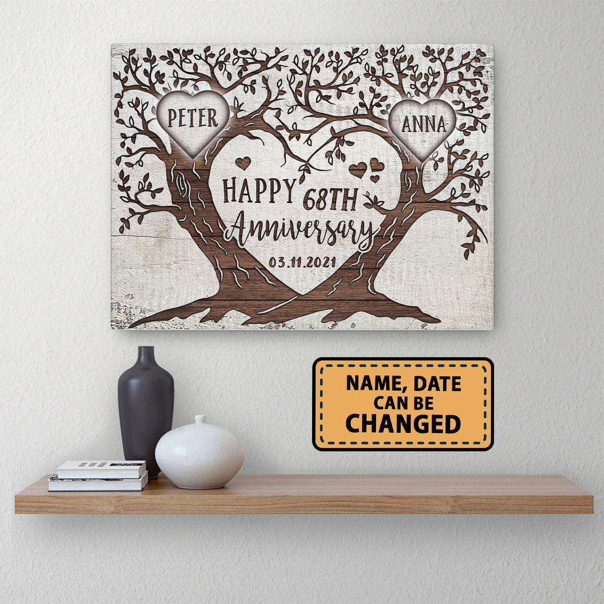 Happy 68th Anniversary Tree Heart Anniversary Personalized Canvas