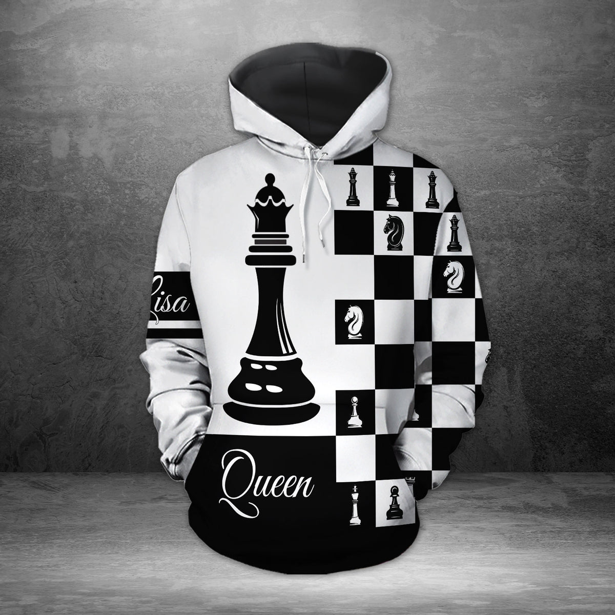 Queen And King Black And White Chess Hoodie Custom Name All Over Print Valentine Gift Couple Matching 3D Hoodie Personalizedwitch For Couple