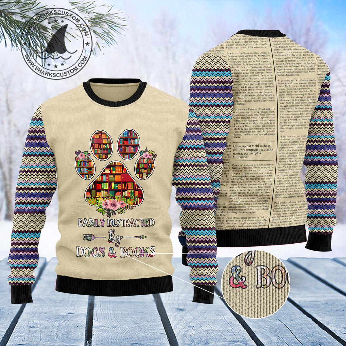 Book And Dogs T2611 unisex womens & mens, couples matching, friends, funny family ugly christmas holiday sweater gifts (plus size available)