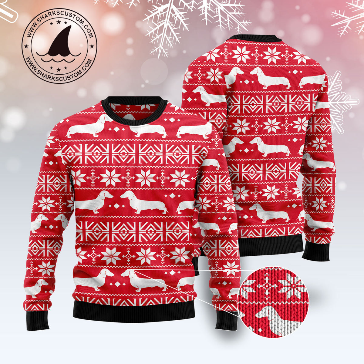 Dachshund Red Christmas Pattern T0412 unisex womens & mens, couples matching, friends, funny family ugly christmas holiday sweater gifts (plus size available)