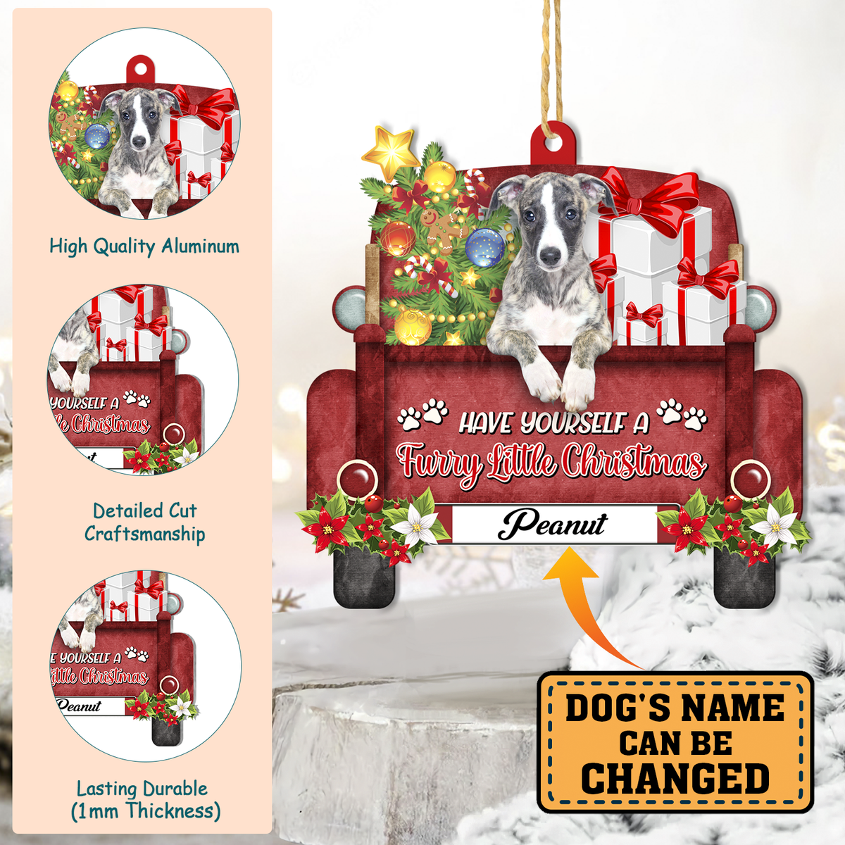 Personalized Greyhound Red Truck Christmas Aluminum Ornament