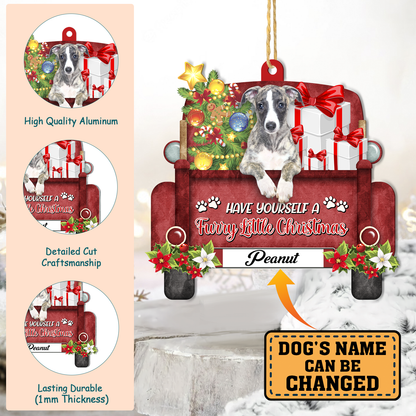 Personalized Greyhound Red Truck Christmas Aluminum Ornament