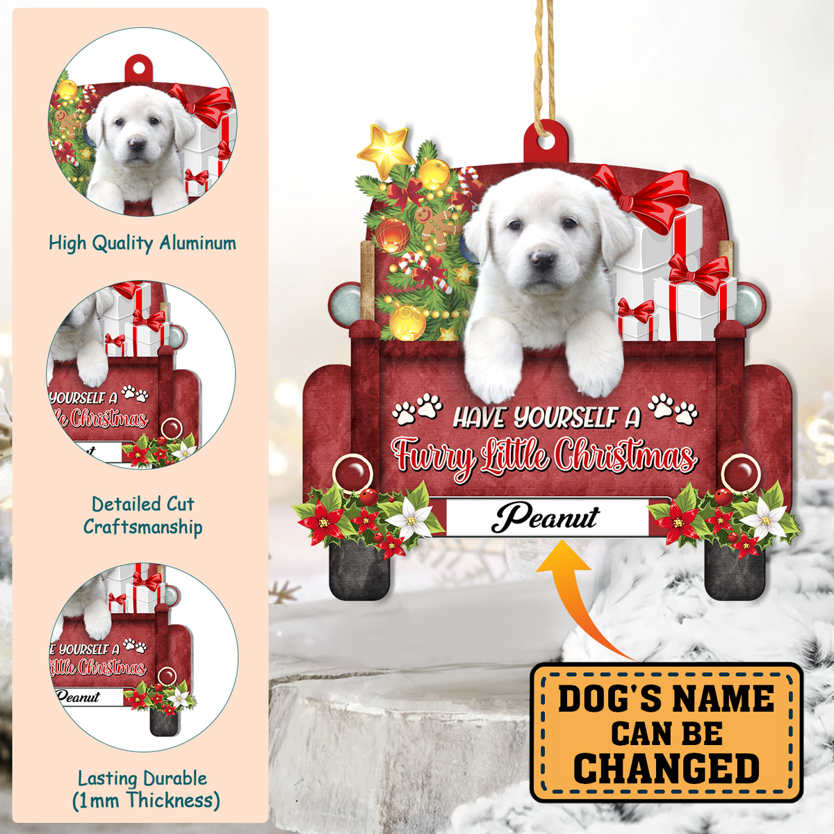 Personalized Great Pyrenees Red Truck Christmas Aluminum Ornament