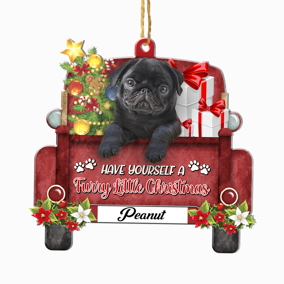 Personalized Black Pug Red Truck Christmas Aluminum Ornament