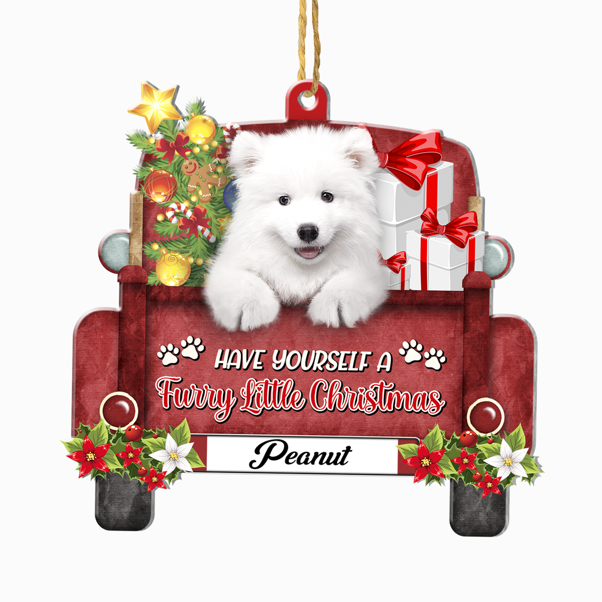 Personalized Samoyed Red Truck Christmas Aluminum Ornament