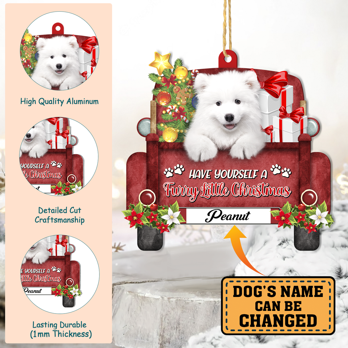 Personalized Samoyed Red Truck Christmas Aluminum Ornament