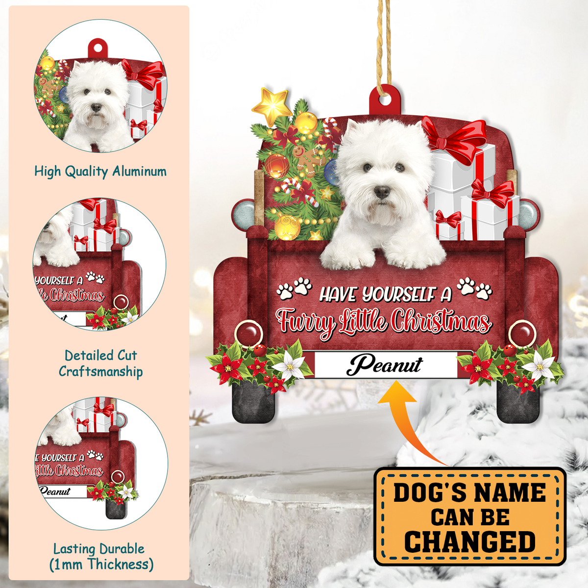 Personalized West Highland White Terrier Red Truck Christmas Aluminum Ornament