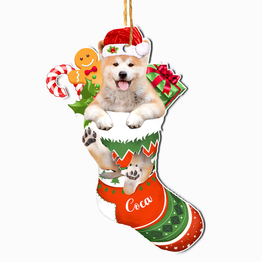 Personalized Akita In Christmas Stocking Aluminum Ornament