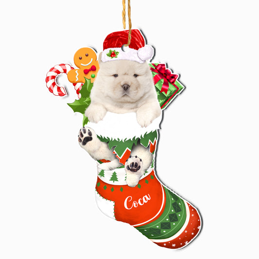 Personalized White Chow Chow In Christmas Stocking Aluminum Ornament