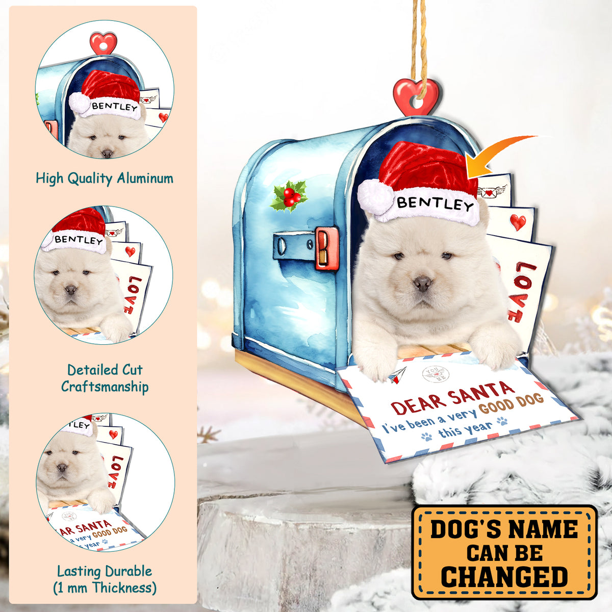 Personalized White Chow Chow In Mailbox Christmas Aluminum Ornament