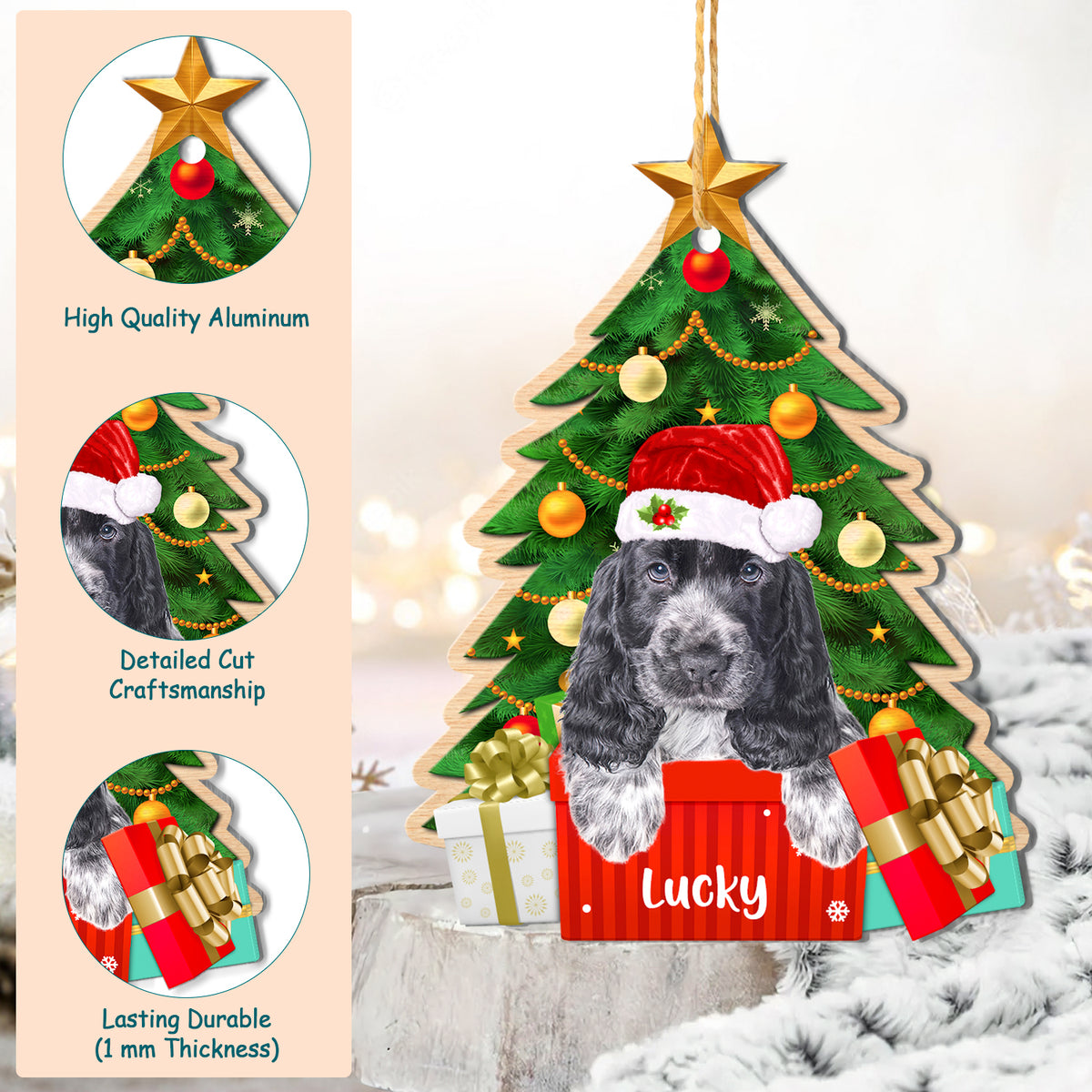 Personalized Black Cocker Spaniel Christmas Tree Aluminum Ornament