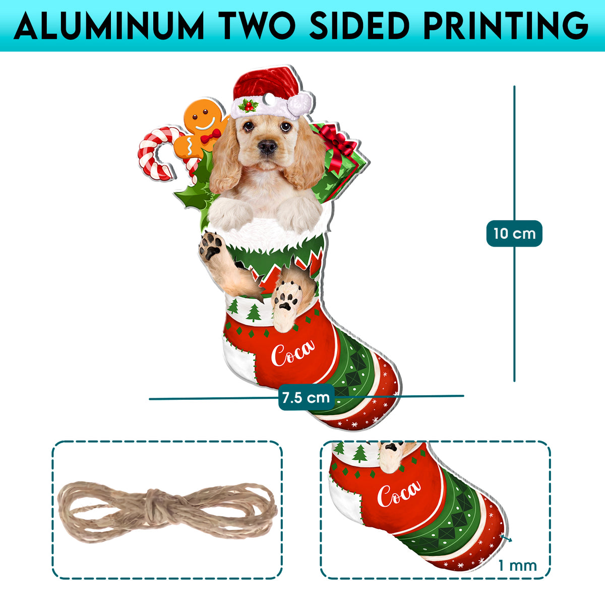 Personalized Cocker Spaniel In Christmas Stocking Aluminum Ornament