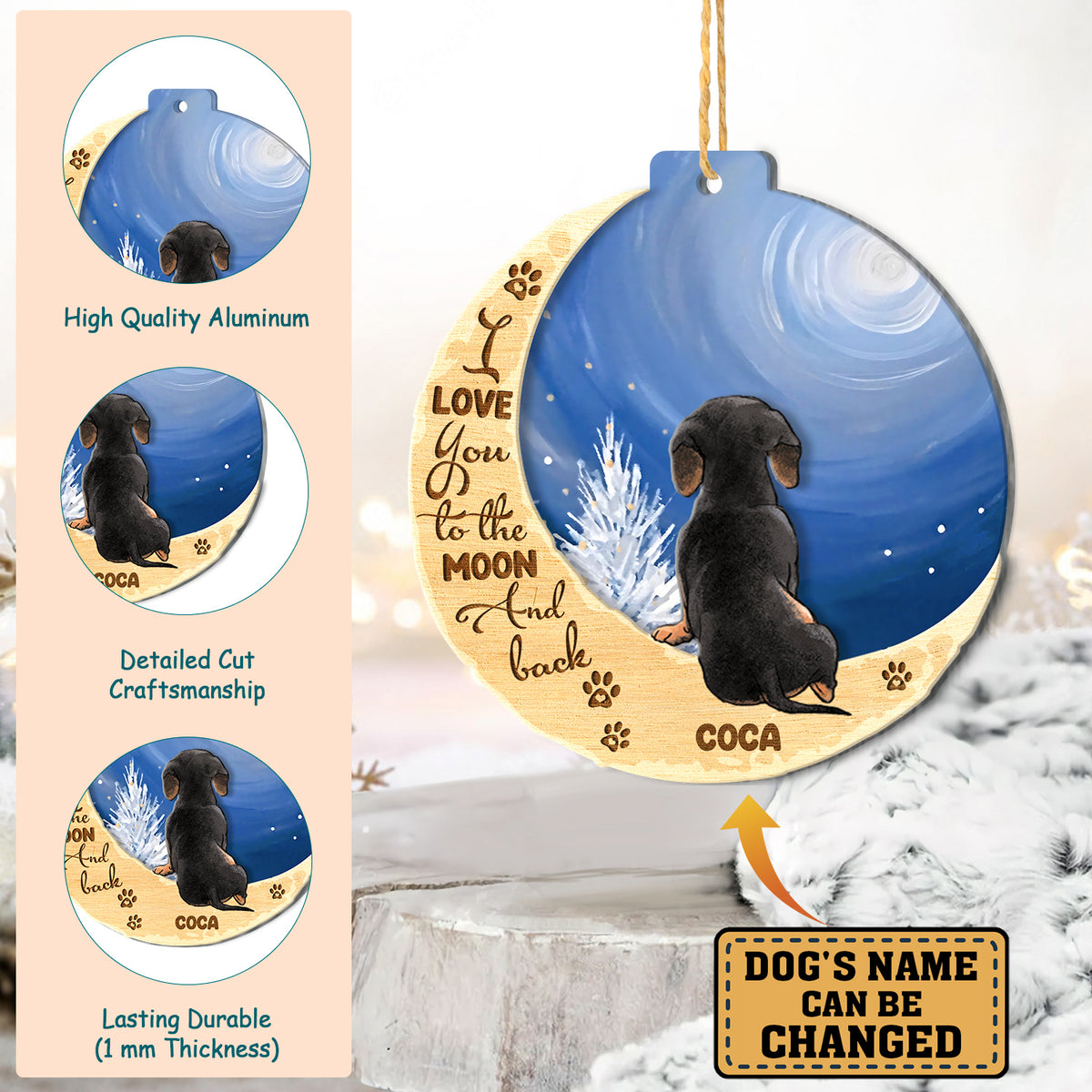 Personalized Black Dachshund On Moon Aluminum Ornament