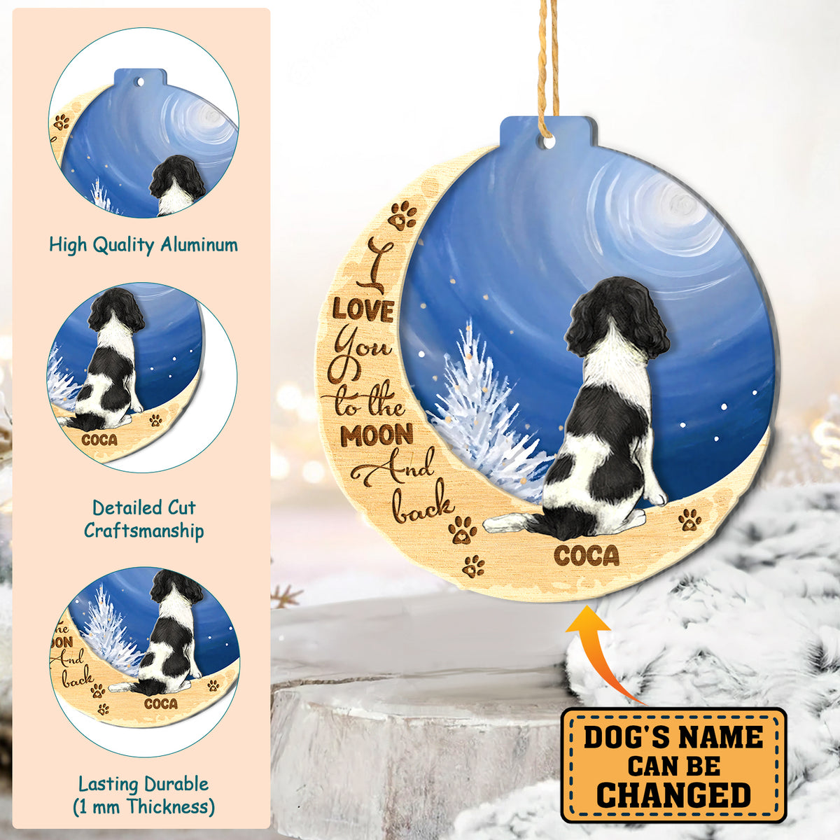 Personalized English Springer Spaniel On Moon Aluminum Ornament
