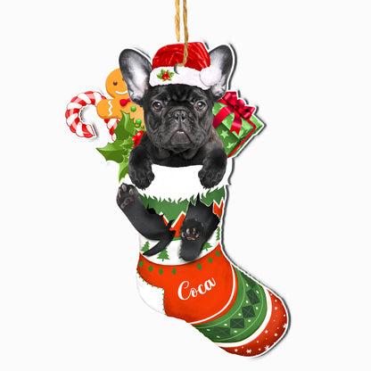 Personalized Black French Bulldog In Christmas Stocking Aluminum Ornament