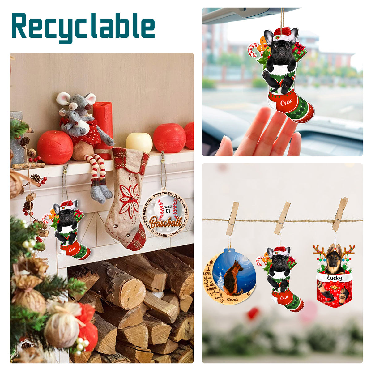 Personalized Black French Bulldog In Christmas Stocking Aluminum Ornament