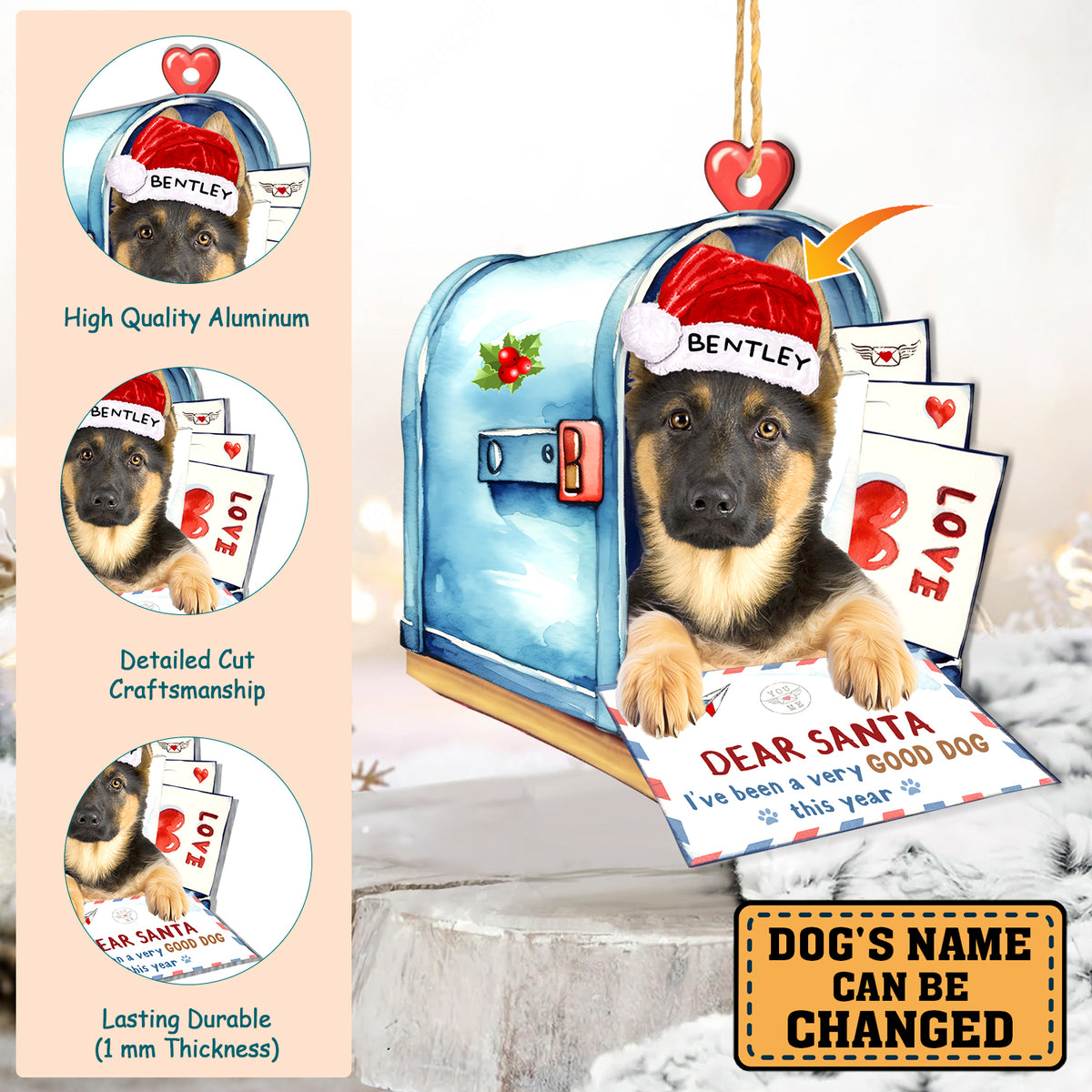 Personalized German Shepherd In Mailbox Christmas Aluminum Ornament