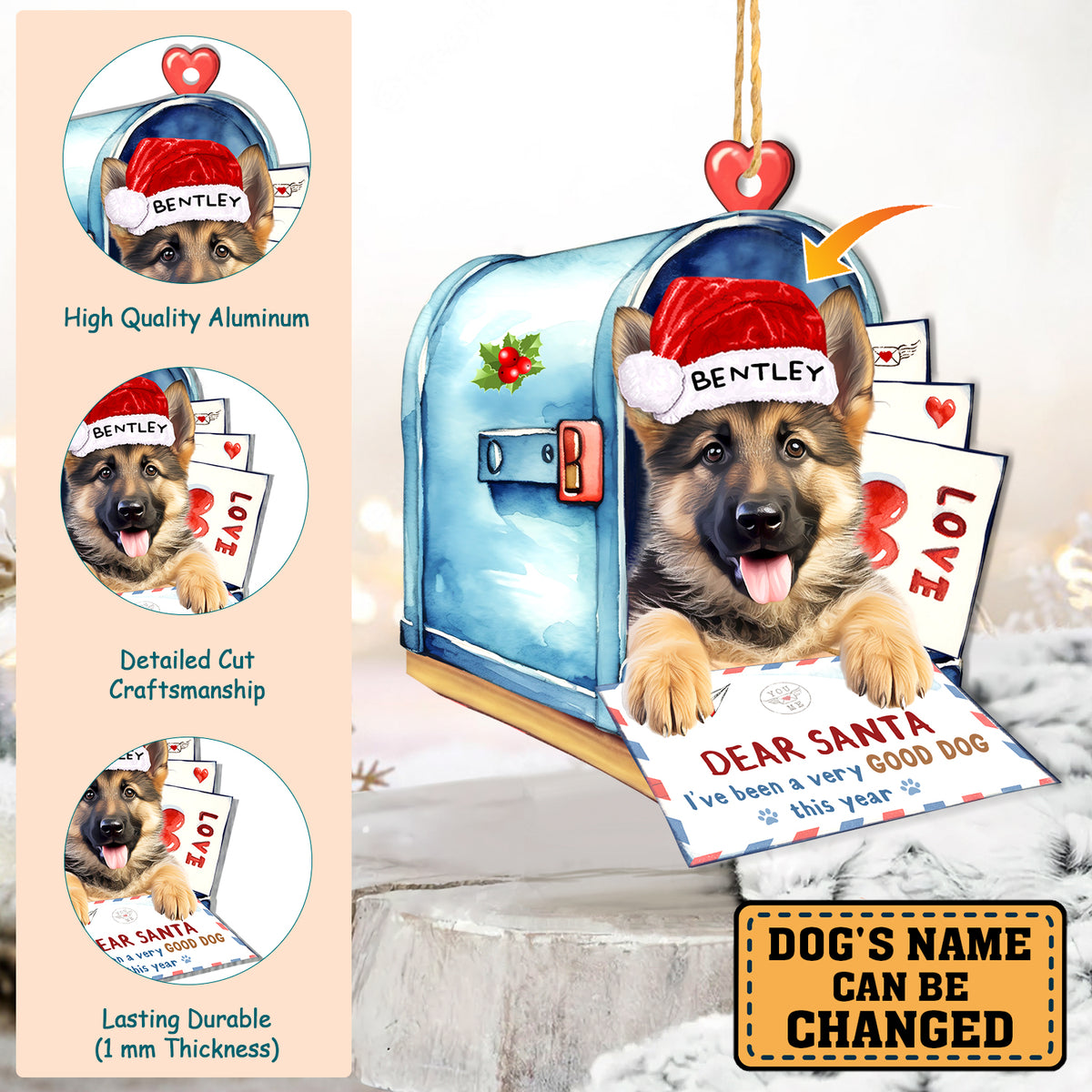 Personalized German Shepherd In Mailbox Christmas Aluminum Ornament