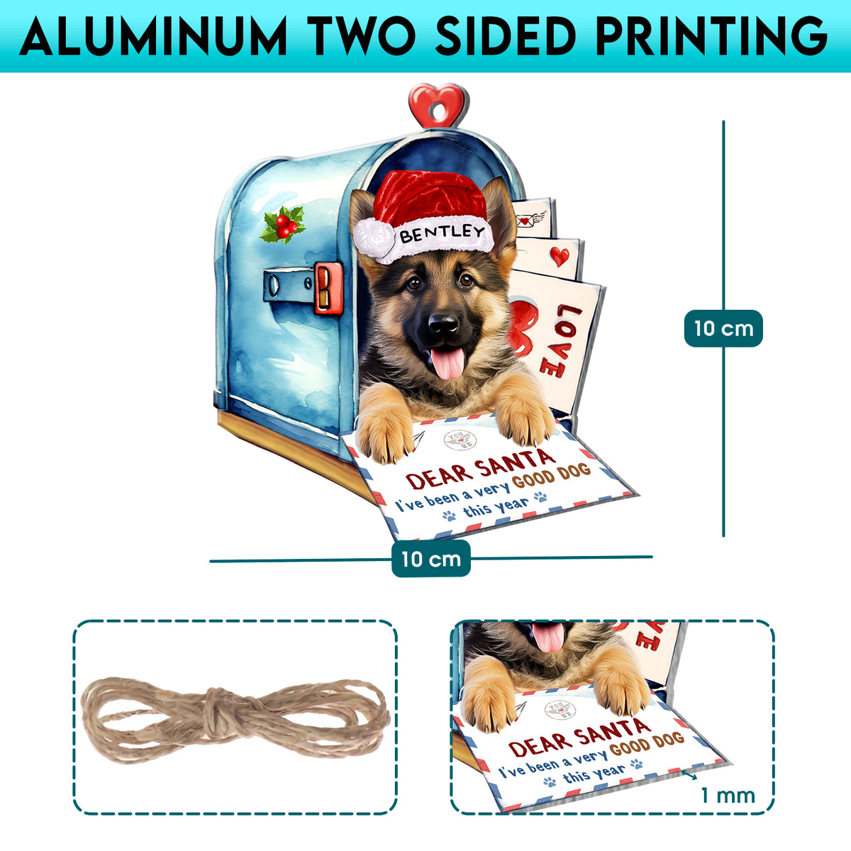 Personalized German Shepherd In Mailbox Christmas Aluminum Ornament