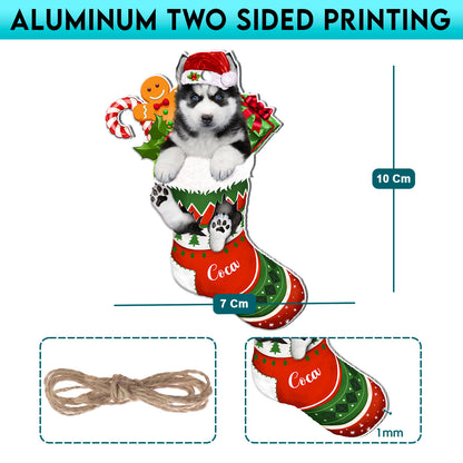 Personalized Husky In Christmas Stocking Aluminum Ornament