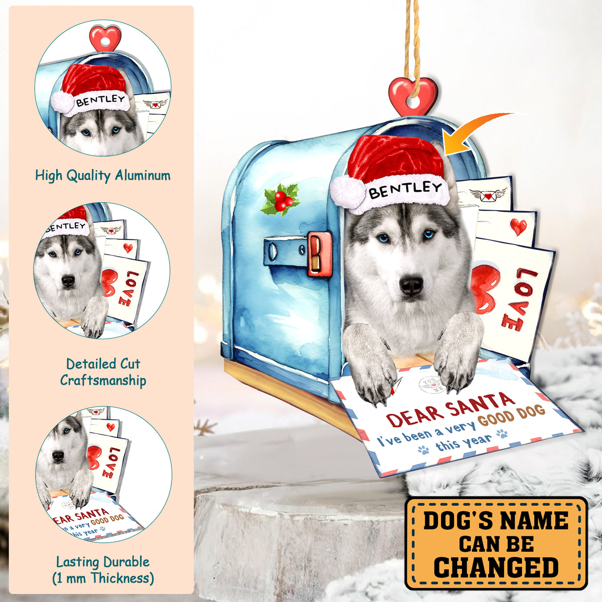 Personalized Husky In Mailbox Christmas Aluminum Ornament