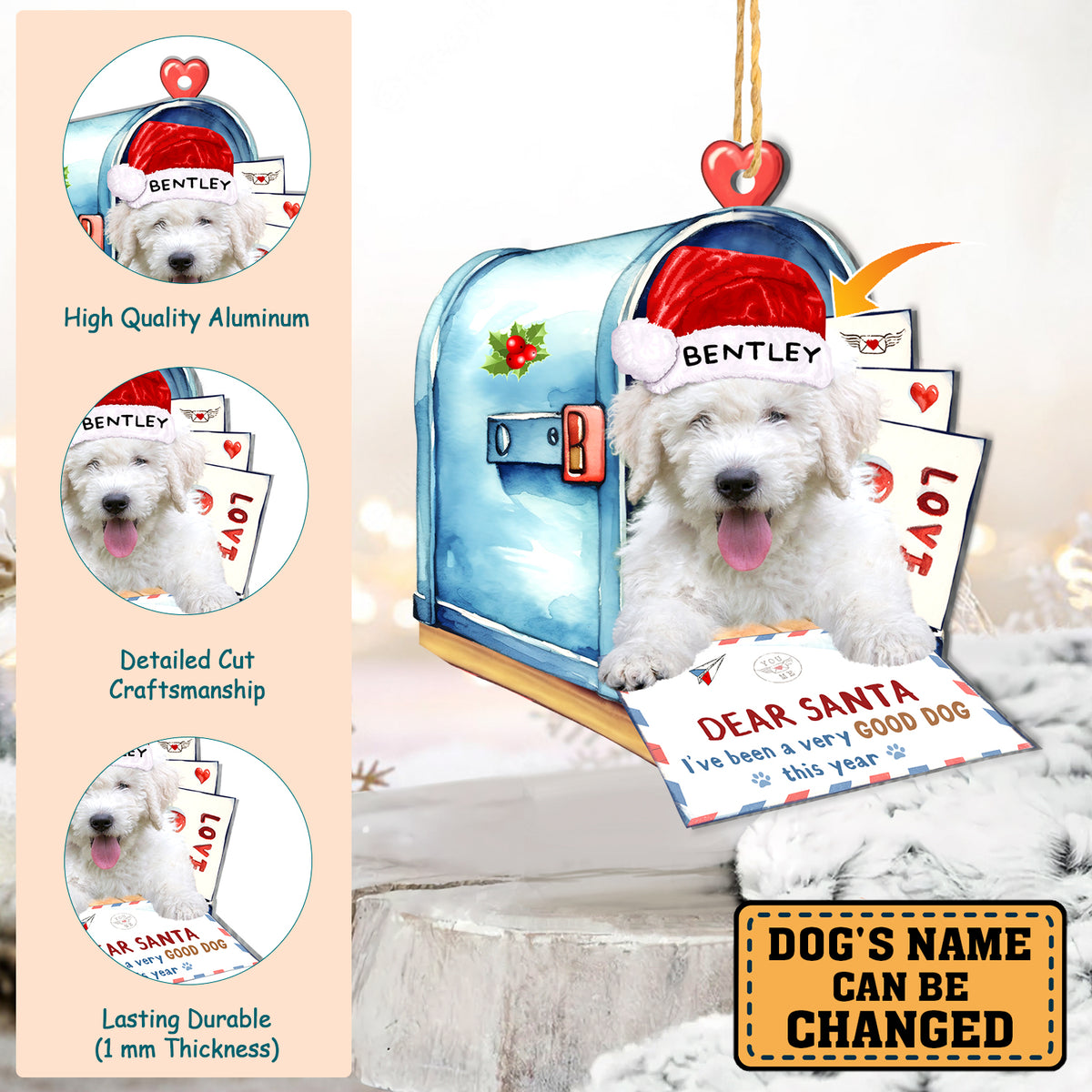 Personalized Komondor In Mailbox Christmas Aluminum Ornament