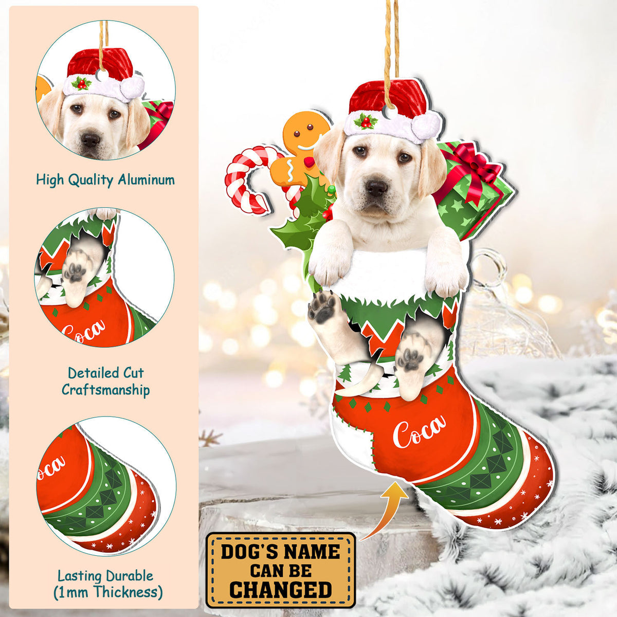 Personalized Yellow Labrador Retriever In Christmas Stocking Aluminum Ornament