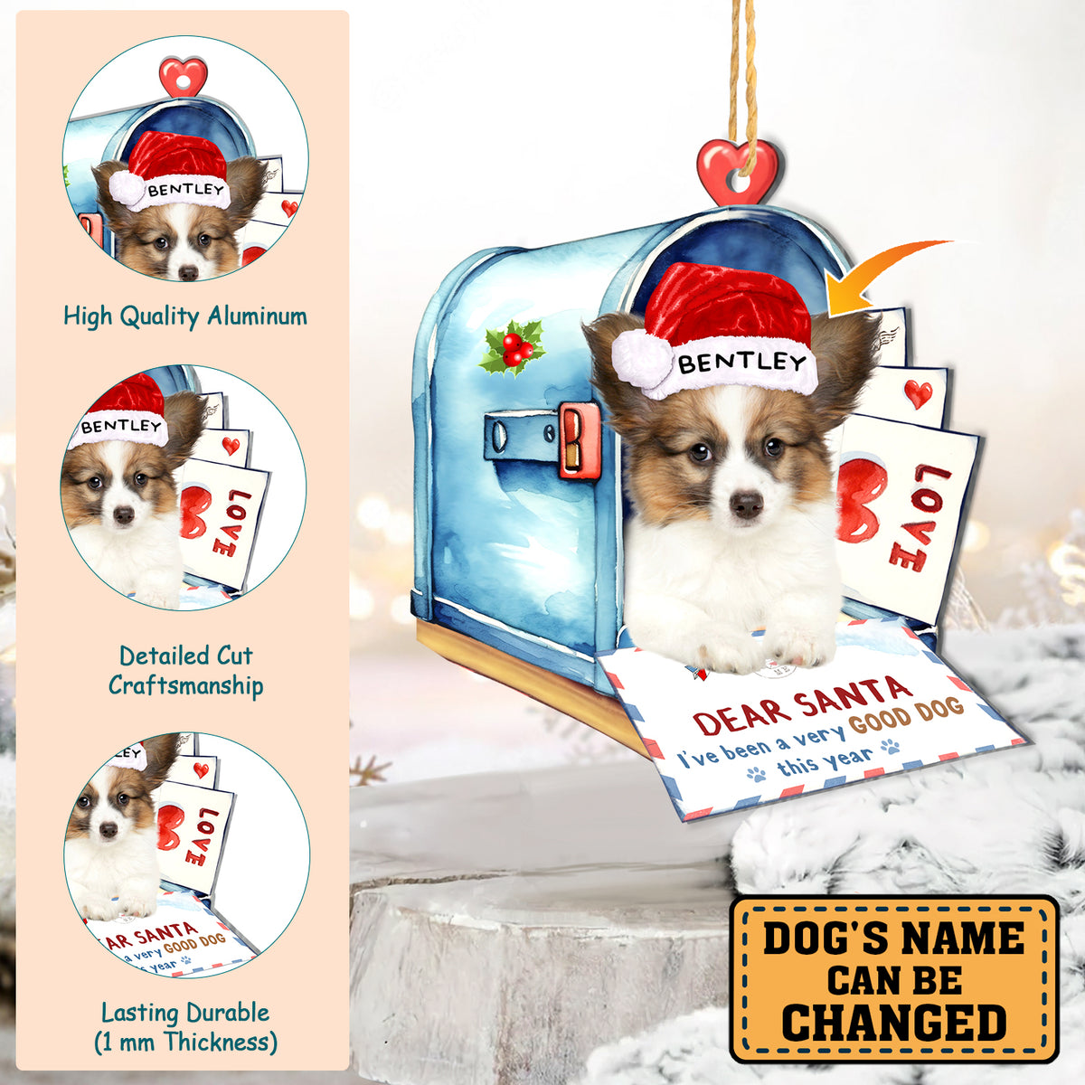 Personalized Papillon In Mailbox Christmas Aluminum Ornament