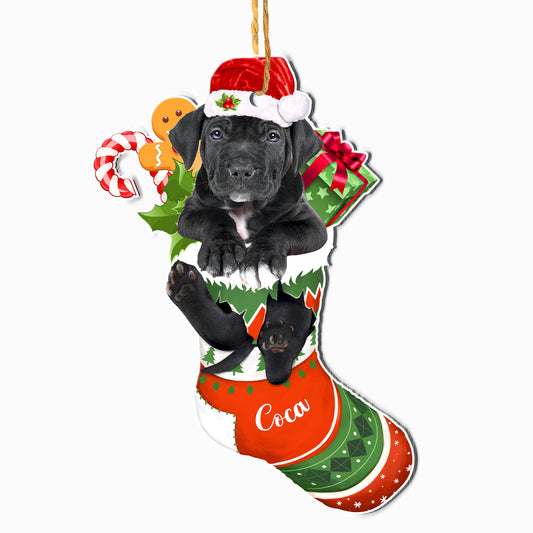 Personalized Black Pitbull  In Christmas Stocking Aluminum Ornament
