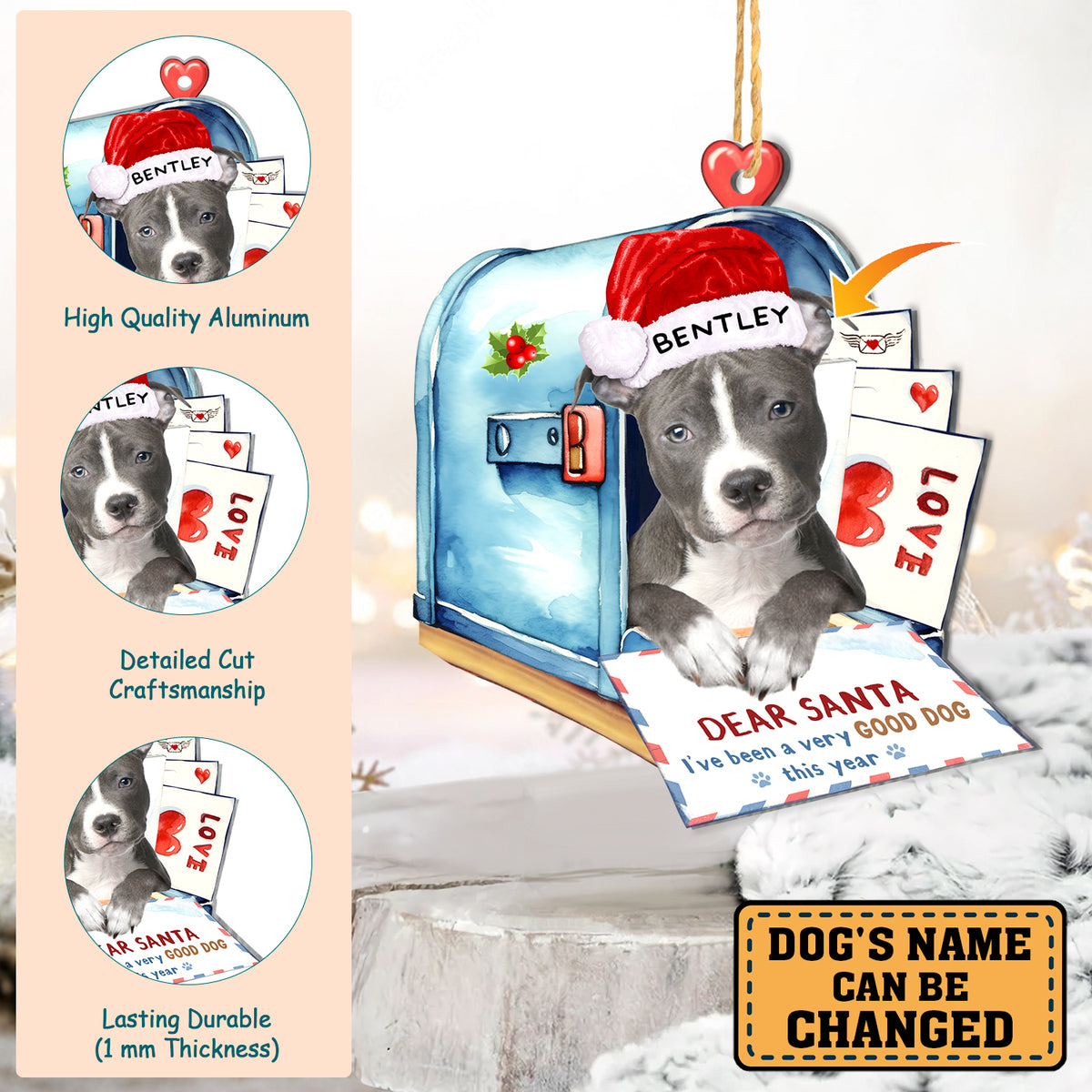 Personalized Grey Pitbull In Mailbox Christmas Aluminum Ornament