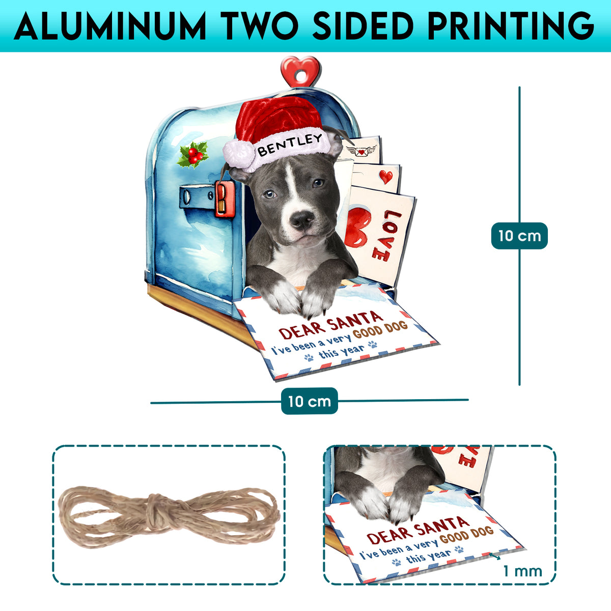 Personalized Grey Pitbull In Mailbox Christmas Aluminum Ornament