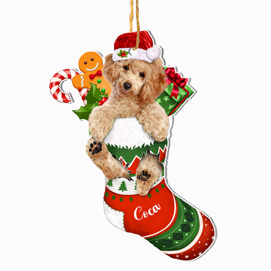 Personalized Brown Poodle In Christmas Stocking Aluminum Ornament