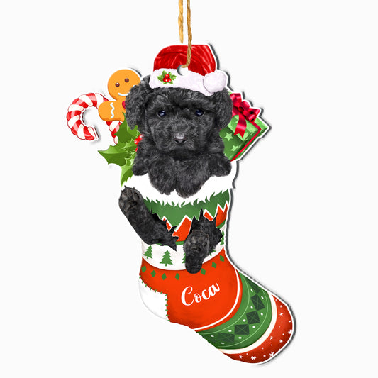 Personalized Black Poodle In Christmas Stocking Aluminum Ornament