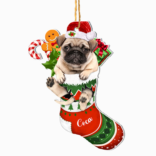 Personalized Brown Pug In Christmas Stocking Aluminum Ornament
