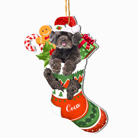 Personalized Black Schnoodle In Christmas Stocking Aluminum Ornament