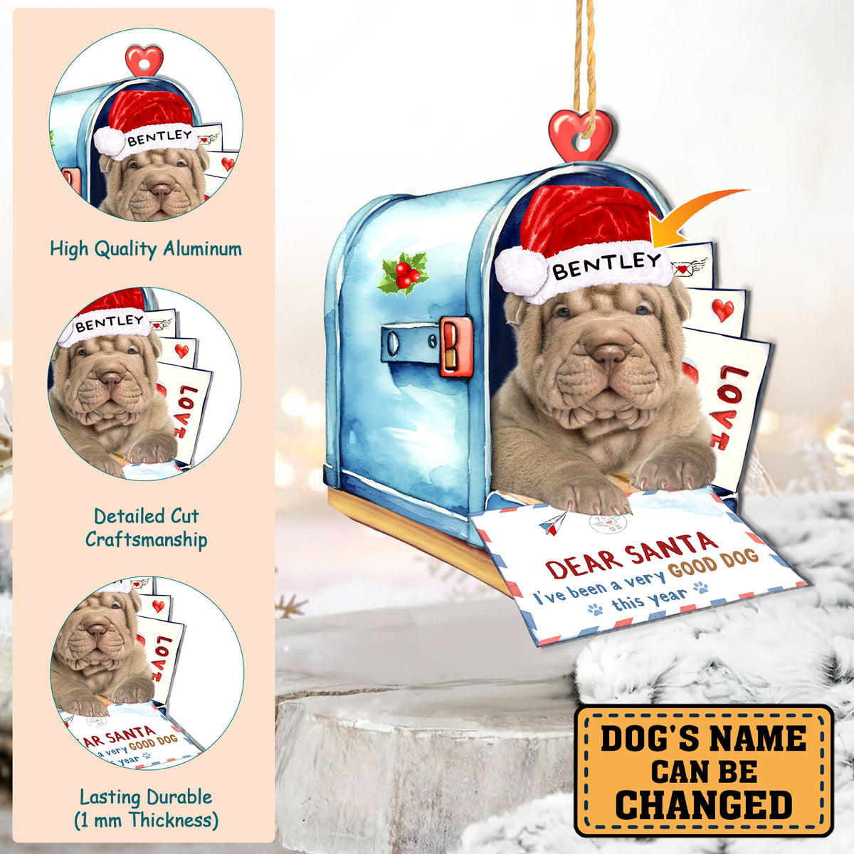 Personalized Shar Pei In Mailbox Christmas Aluminum Ornament