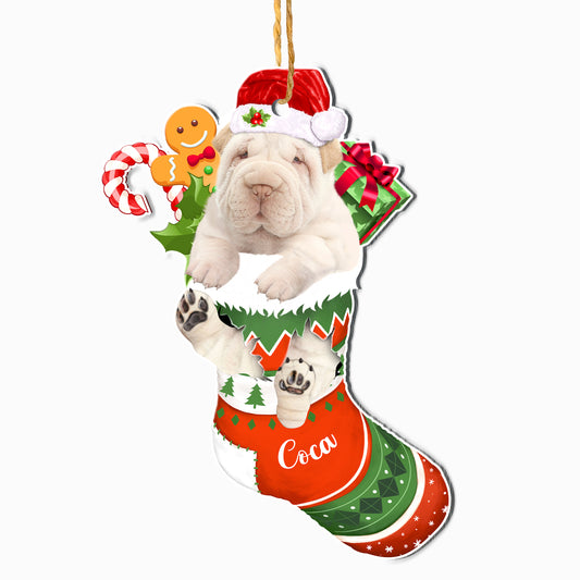 Personalized White Shar Pei In Christmas Stocking Aluminum Ornament