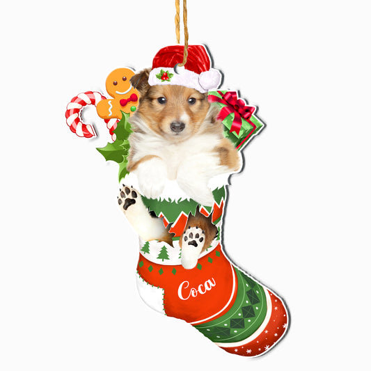 Personalized Shetland Sheepdog In Christmas Stocking Aluminum Ornament