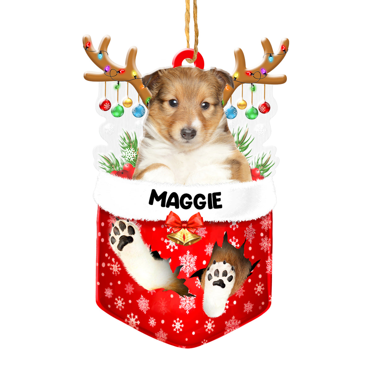 Personalized Shetland Sheepdog In Snow Pocket Christmas Acrylic Ornament