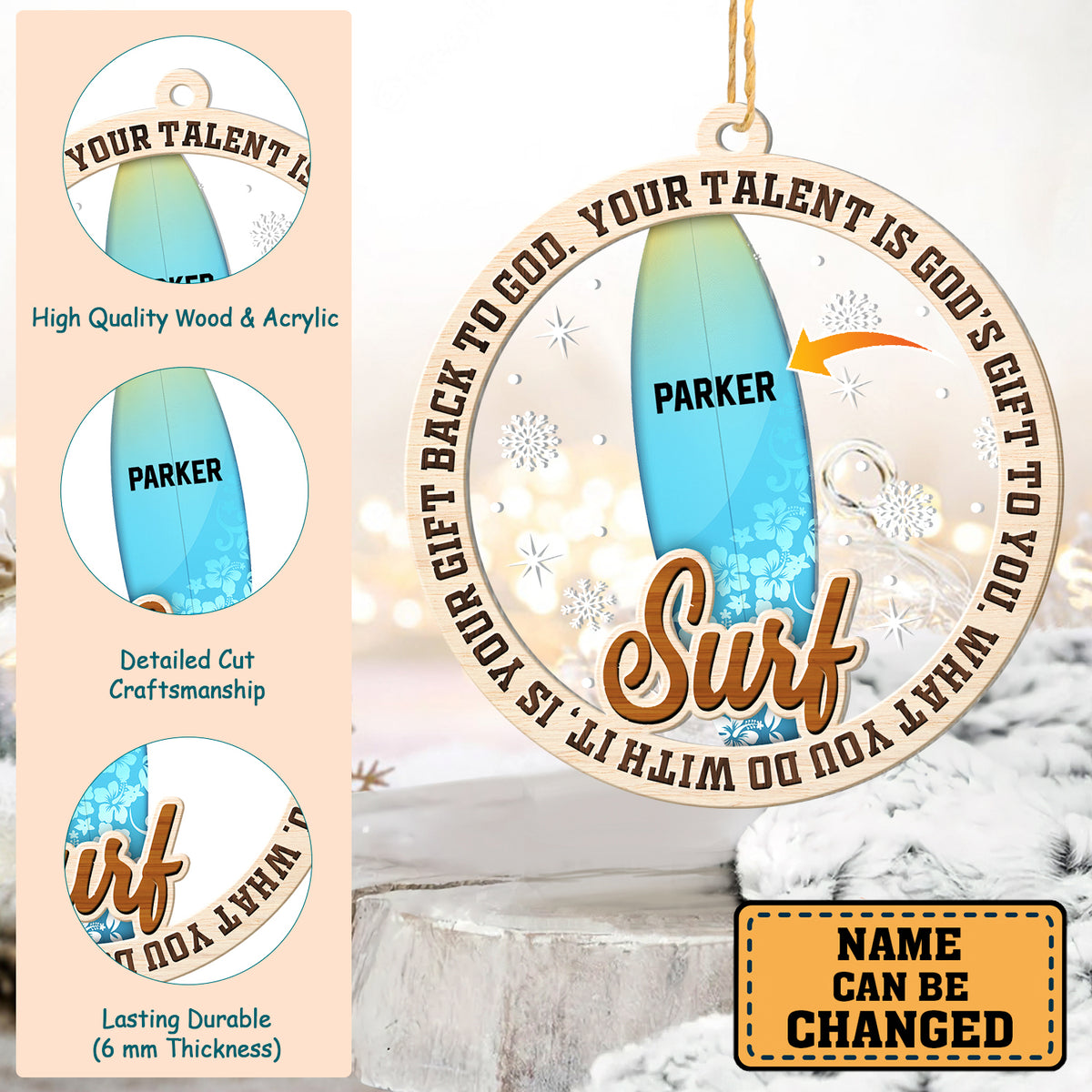 Personalized Surfing 2-Layer Wood & Acrylic Christmas Ornament