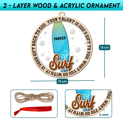 Personalized Surfing 2-Layer Wood & Acrylic Christmas Ornament