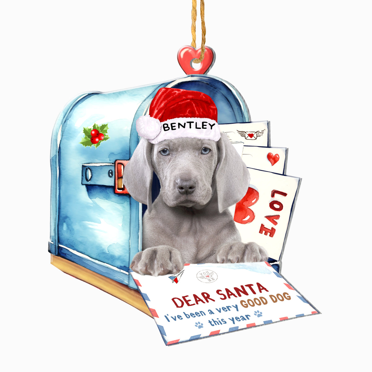 Personalized Weimaraner In Mailbox Christmas Aluminum Ornament