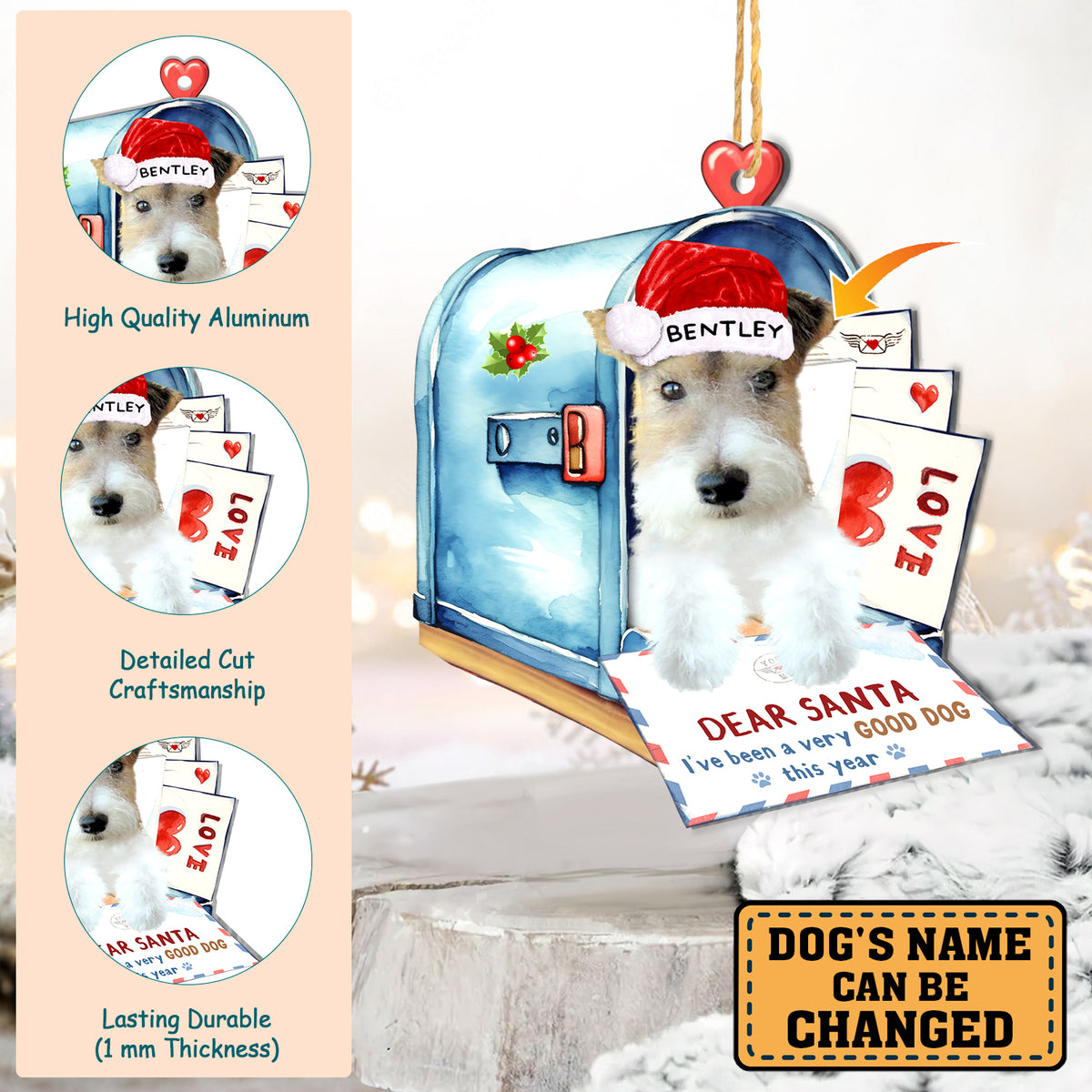 Personalized White Wire Fox Terrier In Mailbox Christmas Aluminum Ornament