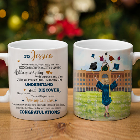 Custom Personalized Coffee mug graduation gifts for him & her, best college, high school grad presents for girls, boys, friends - Graduation is here, you‘ve really come far D1641 - PersonalizedWitch