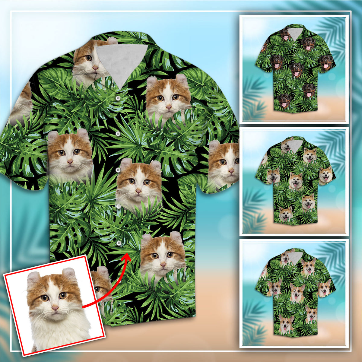 Custom Photo Cat Green Tropical Leaves - Hawaiian Shirt