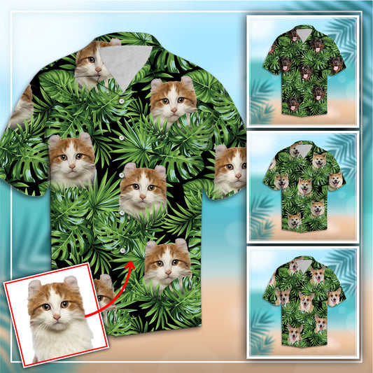 Custom Photo Cat Green Tropical Leaves - Hawaiian Shirt