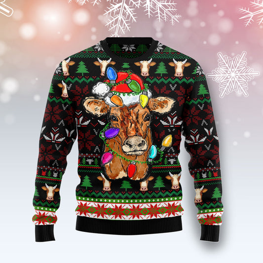 Cow with Santa hat and christmas lights HZ112616 unisex womens & mens, couples matching, friends, funny family ugly christmas holiday sweater gifts (plus size available)