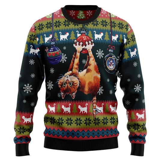 Cat Hanging on Xmas Tree D0610 Ugly Christmas Sweater
